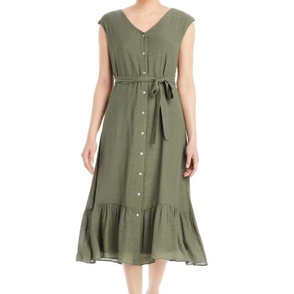 Nanette Lapore Midi Dress Size 12 Green Button Down Flounce Hem Lined Tie Belt